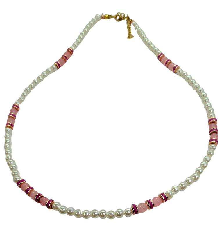 Collar para mujer de Perlas y piedras naturales: Cuarzo rosa, Amatista y Malaquita