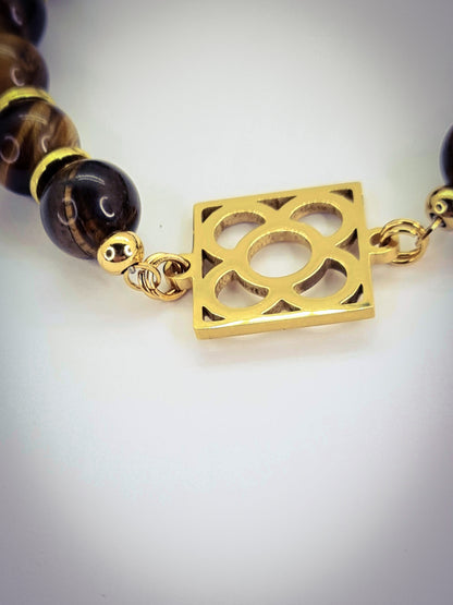 Pulsera de Ojo de Tigre con la rajola de Barcelona de acero inoxidable dorado, diseño elegante para mujer.