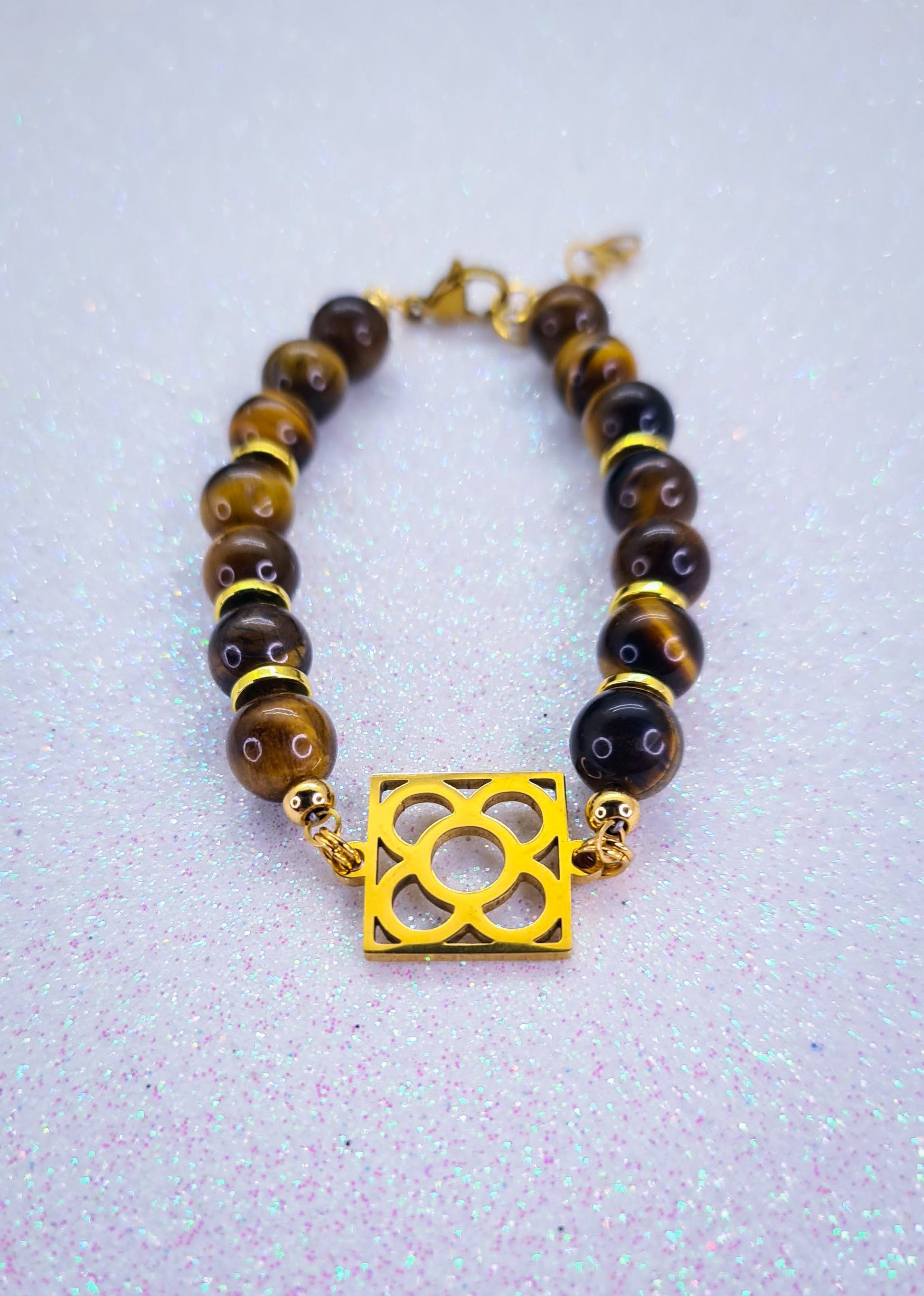 Pulsera de Ojo de Tigre con la rajola de Barcelona de acero inoxidable dorado, diseño elegante para mujer.